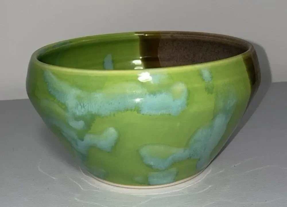 Hand Thrown Art Pottery Bowl Green Glaze Artist Signed 5.25